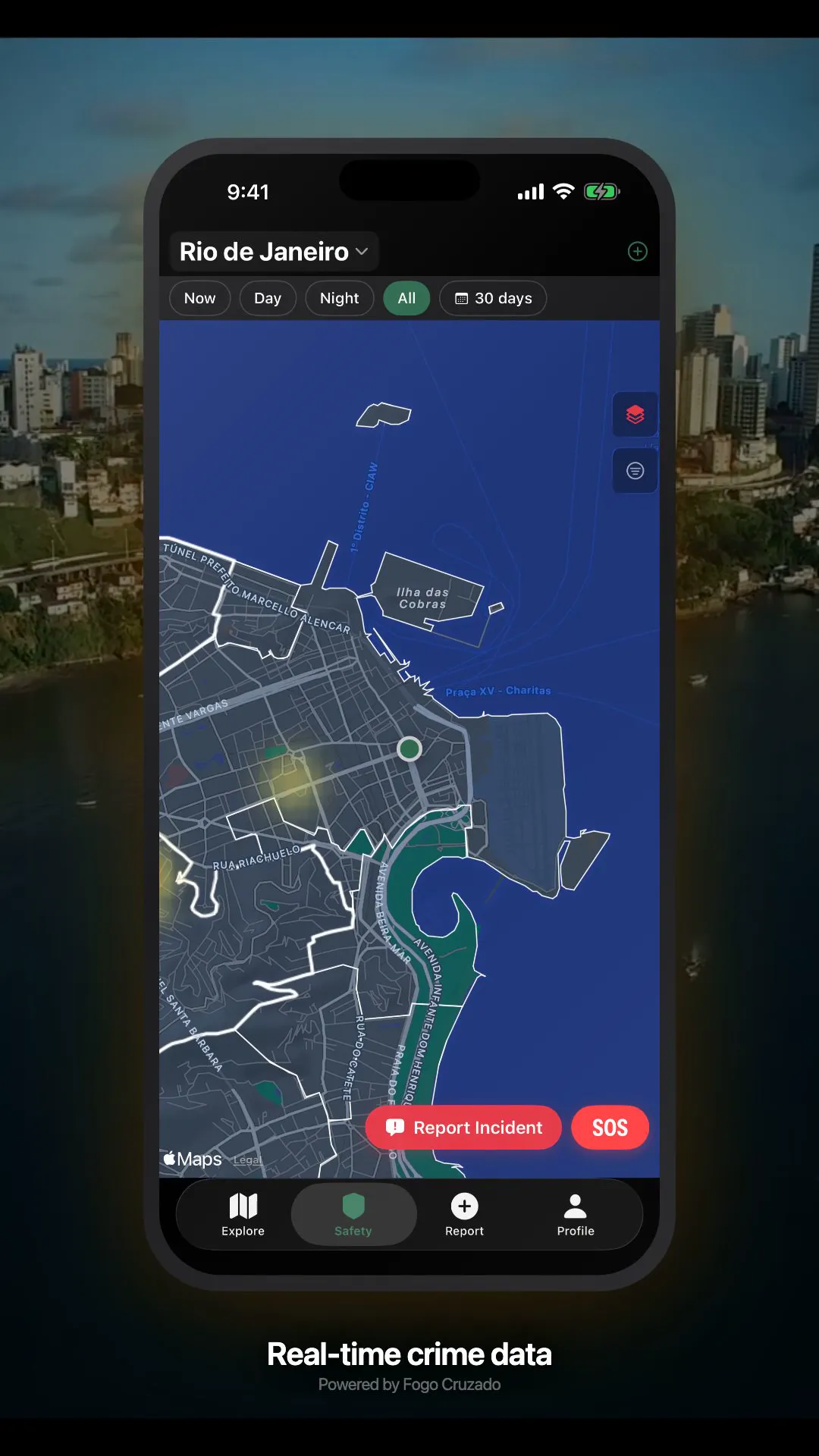 Justo's live safety map on an iPhone.